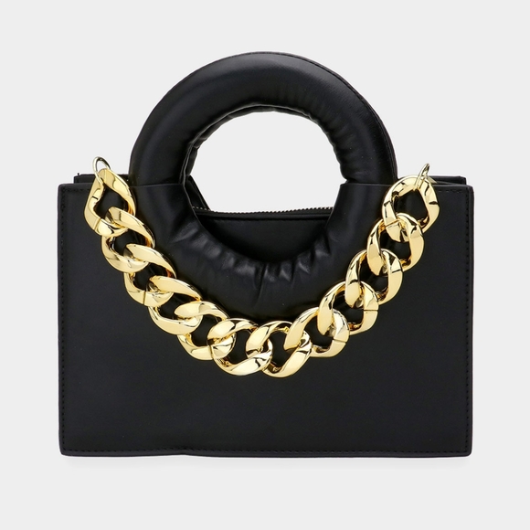 Gold & Black Leather 2 in 1 Tote & Crossbody Bag Purse Cute Womens Chain Link - Picture 1 of 5